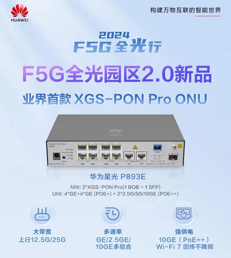 Wi-Fi 7最佳伴侣——业界首款XGS-PON Pro ONU华为星光P893E